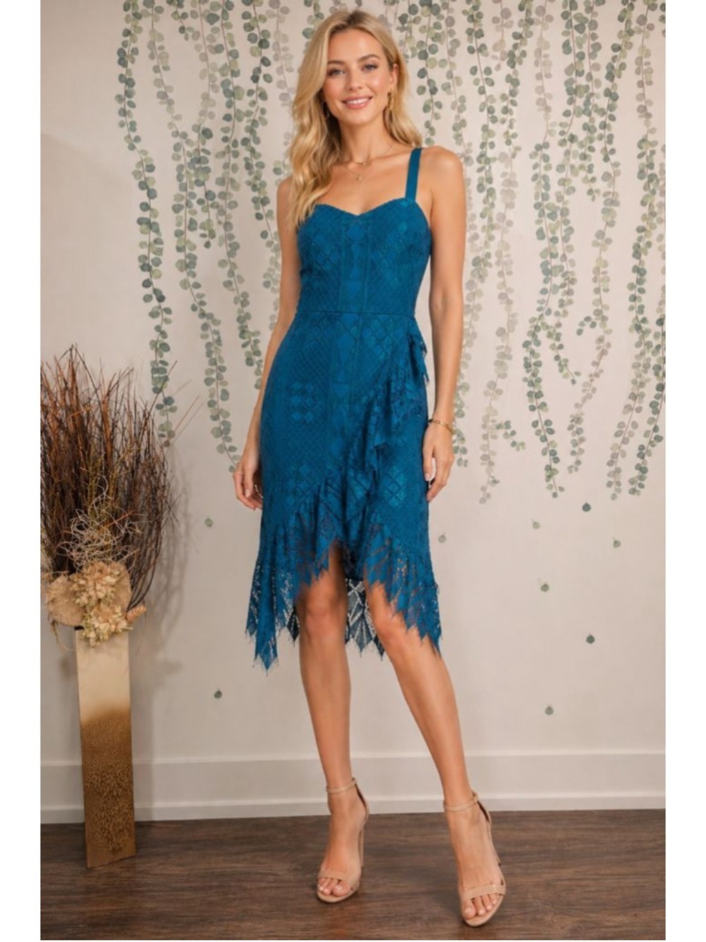NWT Foxiedox Teal Lace Midi Dress Asymmetrical Hem Fringe Detail Size Large